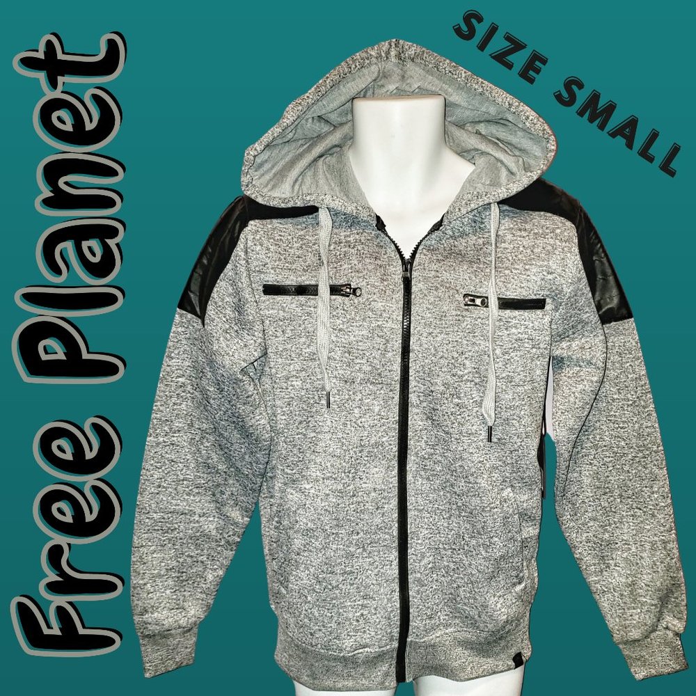 New Mens Free Planet Zip Up Grey and Black Hoodie